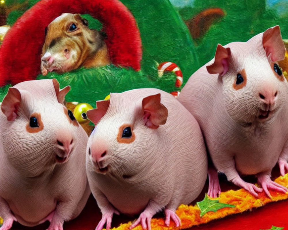 Three guinea pigs in front of festive background with one peeking from red pouch