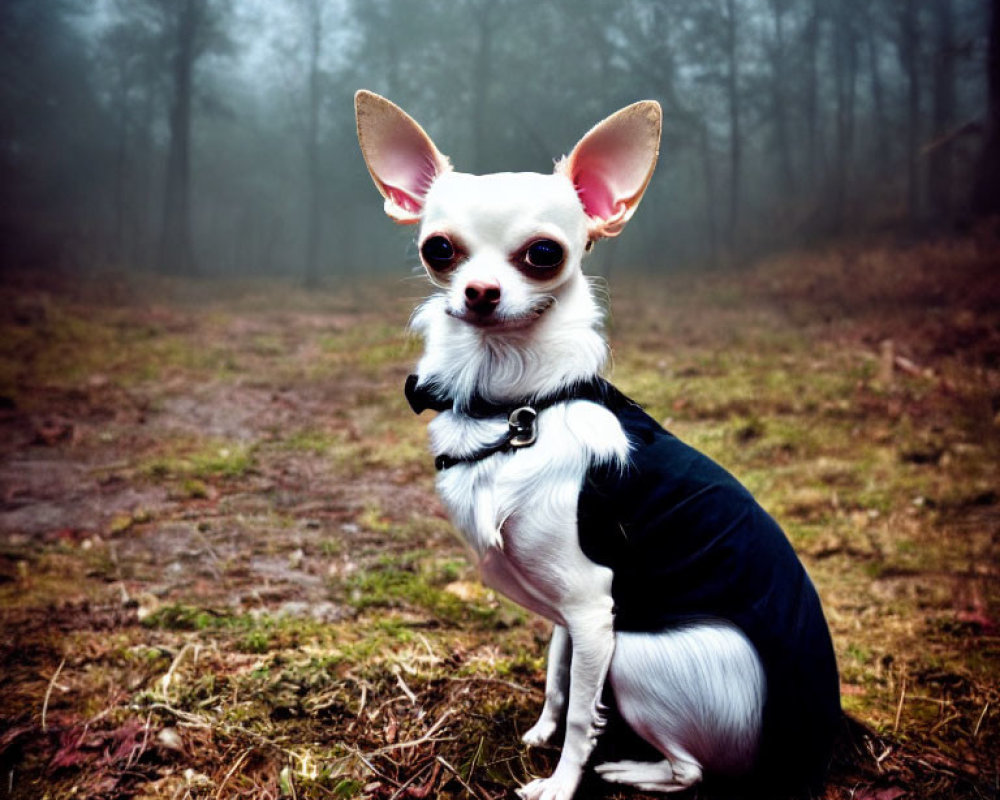Small Chihuahua in coat on foggy forest path with fading trees