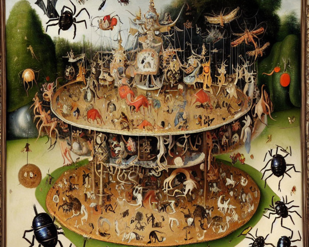 Detailed painting of fantastical carousel with hybrid creatures and oversized insects