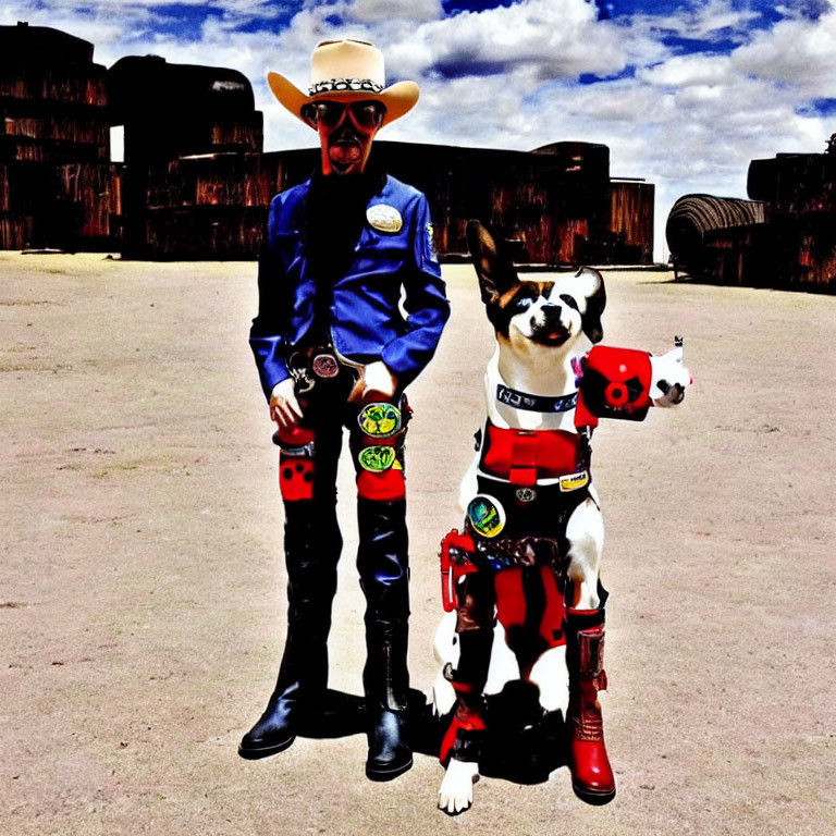 Person and dog in cowboy attire under sunny sky with barrels.