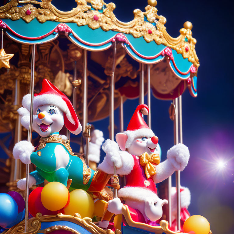 Colorful Christmas-themed carousel with bunny in Santa outfit on horse against blue sky