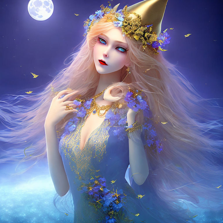 Ethereal woman with golden flowers in hair against moonlit backdrop