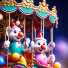 Colorful Christmas-themed carousel with bunny in Santa outfit on horse against blue sky