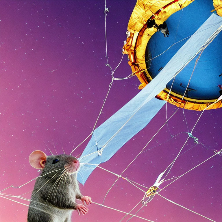 Rat with blue and gold hot air balloon in starry sky