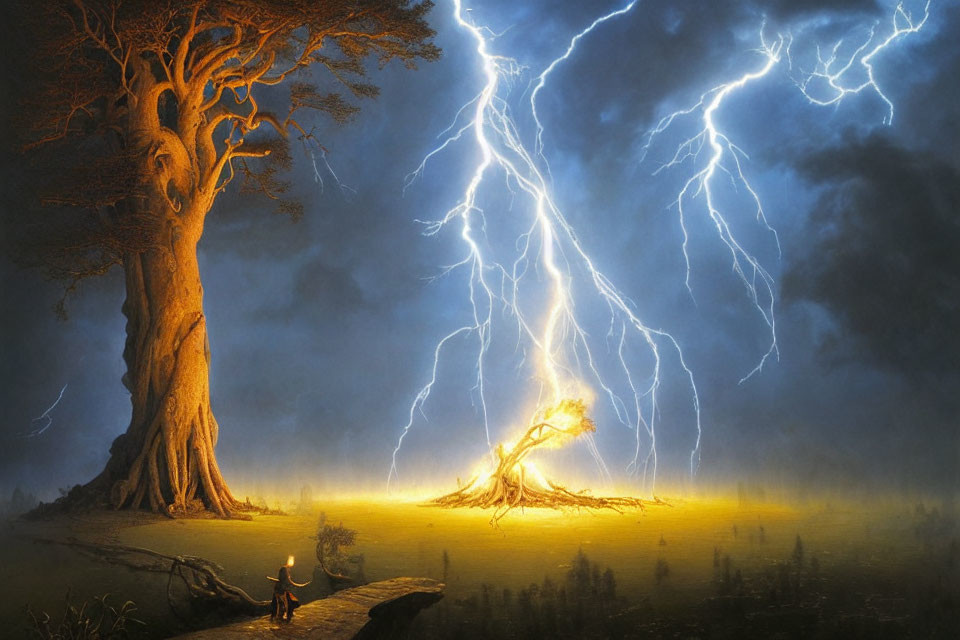 Person observes lightning strike igniting tree in mystical twilight landscape