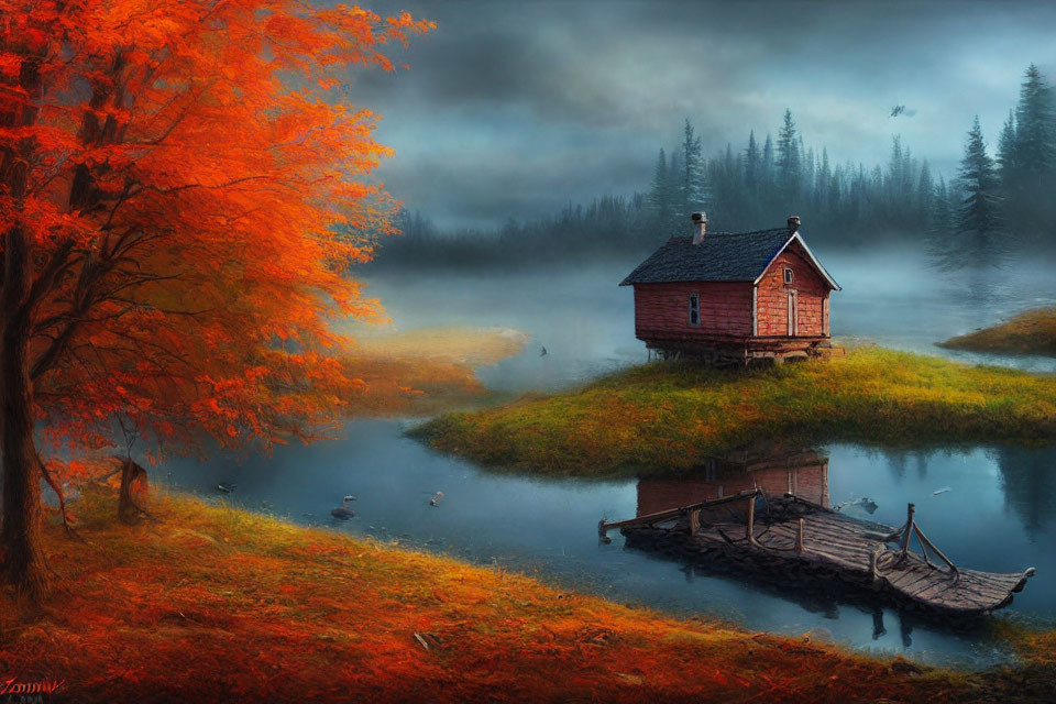 Tranquil autumn landscape with cabin on island, ducks, mist, and boat