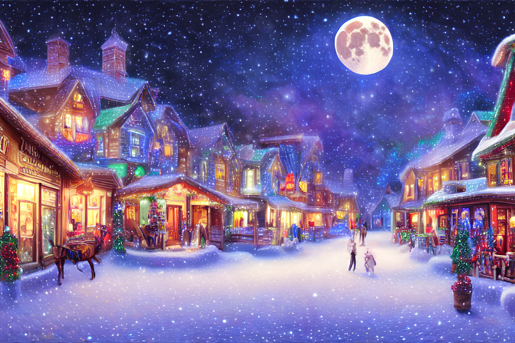 Snow-covered winter village scene with holiday decorations, horse-drawn carriage, and starry sky.