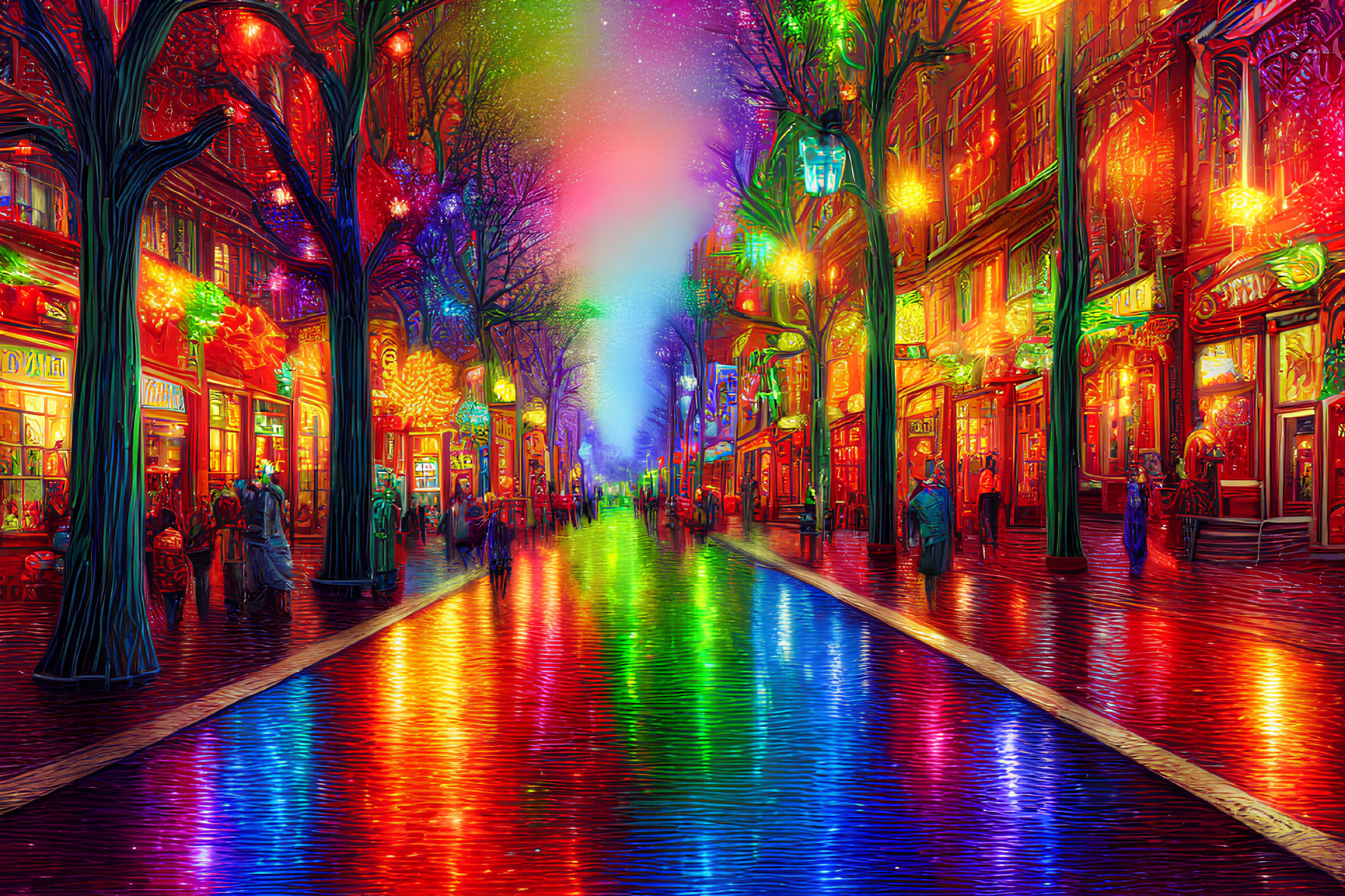 Colorful night street scene with neon lights, bustling crowd, and illuminated trees