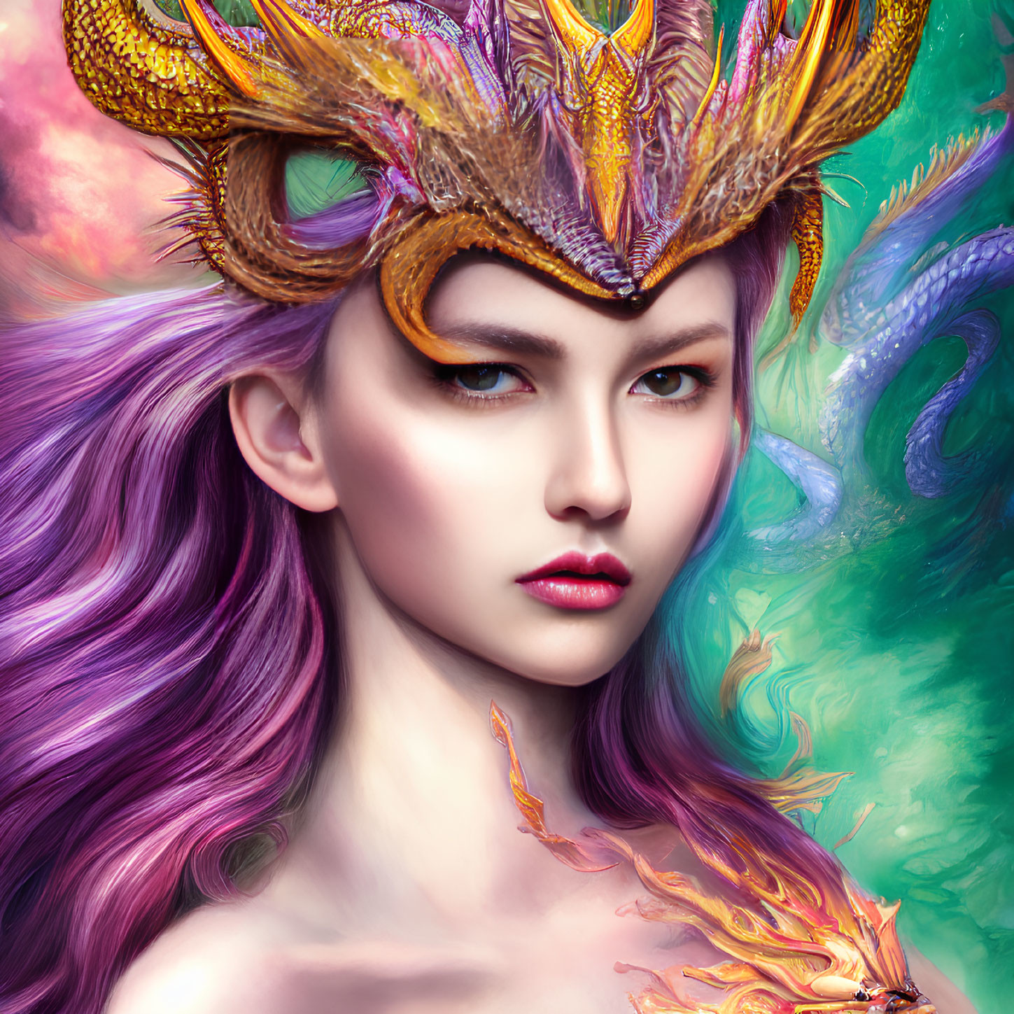 Vibrant Purple Hair Woman with Golden Dragon Headdress