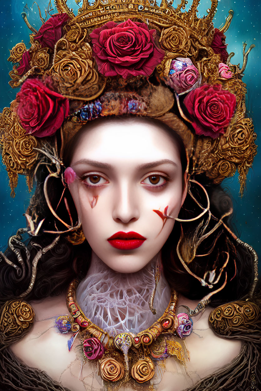 Elaborate digital artwork of woman in golden headgear with roses