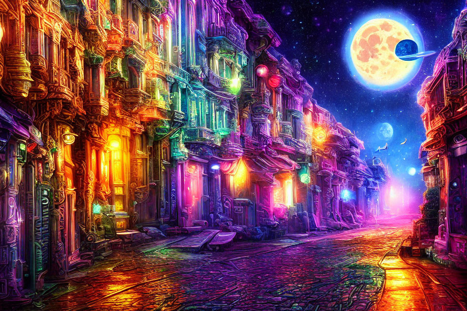 Fantasy-themed digital artwork of neon-lit street with classical architecture