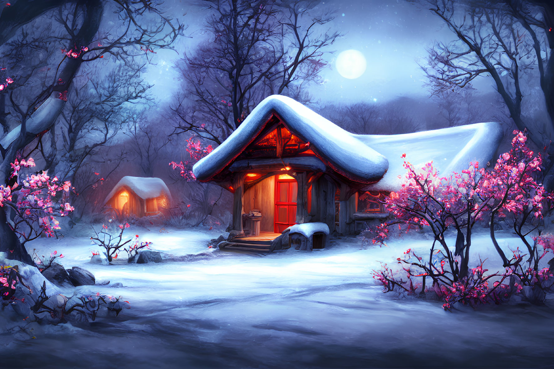 Snow-covered cabin surrounded by blooming cherry trees on winter night