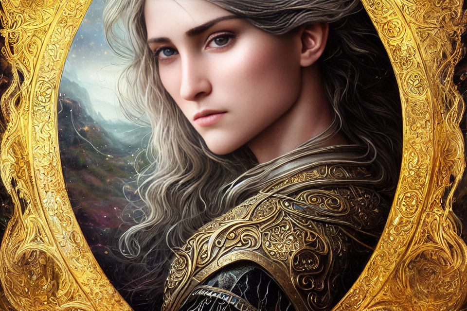 Fantasy portrait of an elf woman in ornate golden armor with circular border.