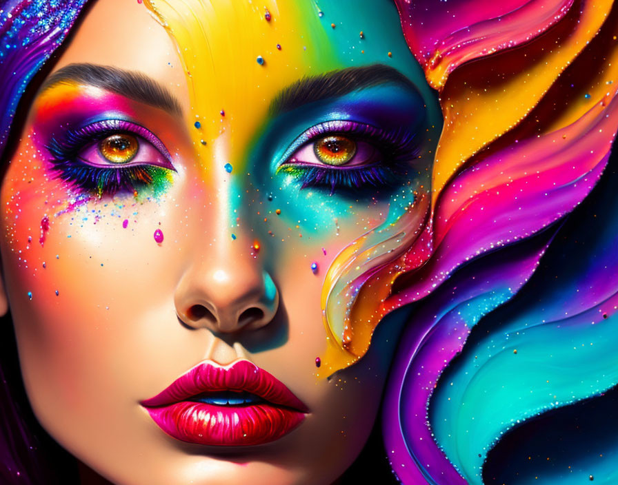 Colorful Artistic Makeup Close-Up of Woman with Vivid Hues