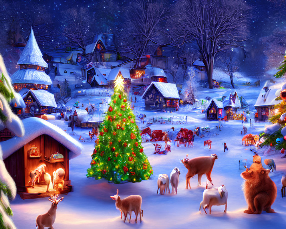 Christmas Village Night Scene with Decorated Tree & Illuminated Houses