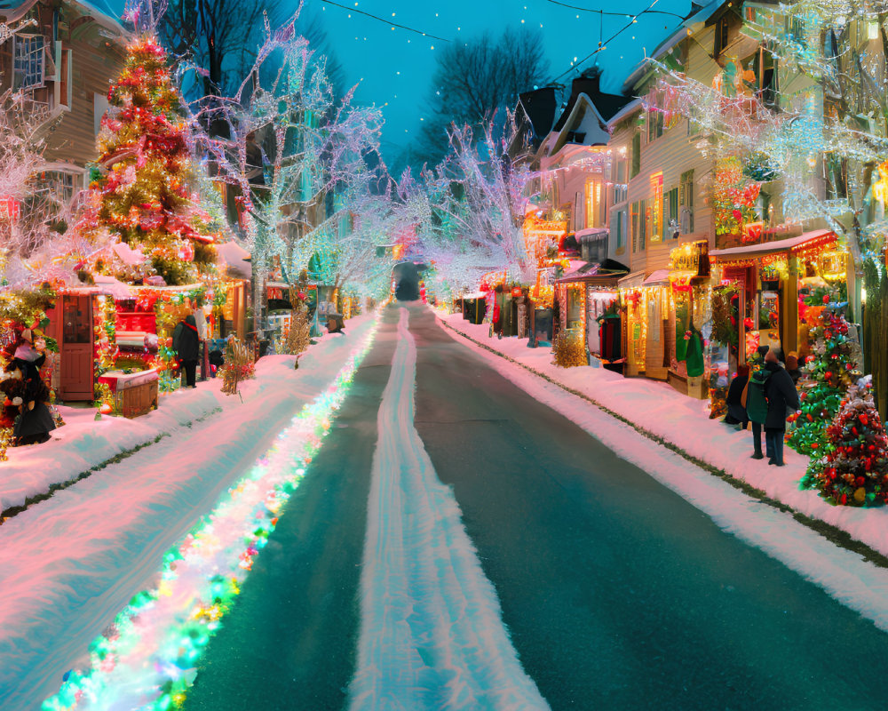 Colorful Christmas lights adorn festive street with snow-covered sidewalks.