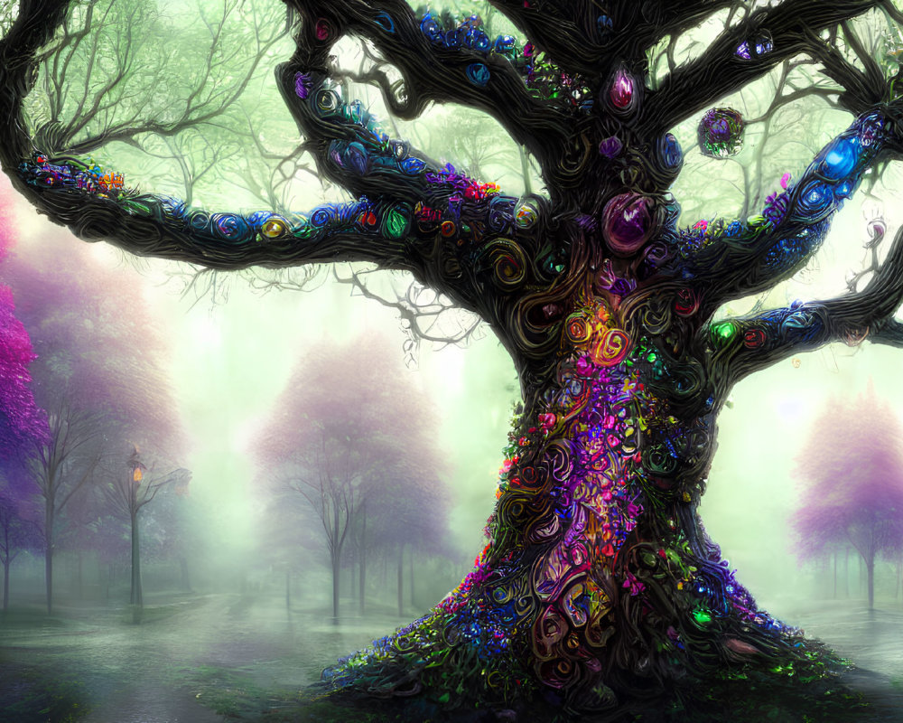 Colorful gem-adorned tree in mystical park with purple foliage
