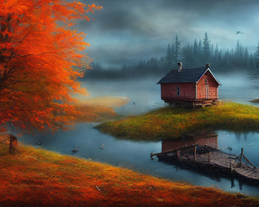Tranquil autumn landscape with cabin on island, ducks, mist, and boat