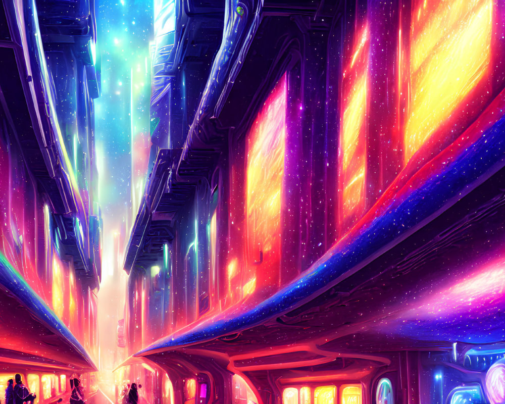 Futuristic sci-fi cityscape with neon-lit skyscrapers under cosmic sky