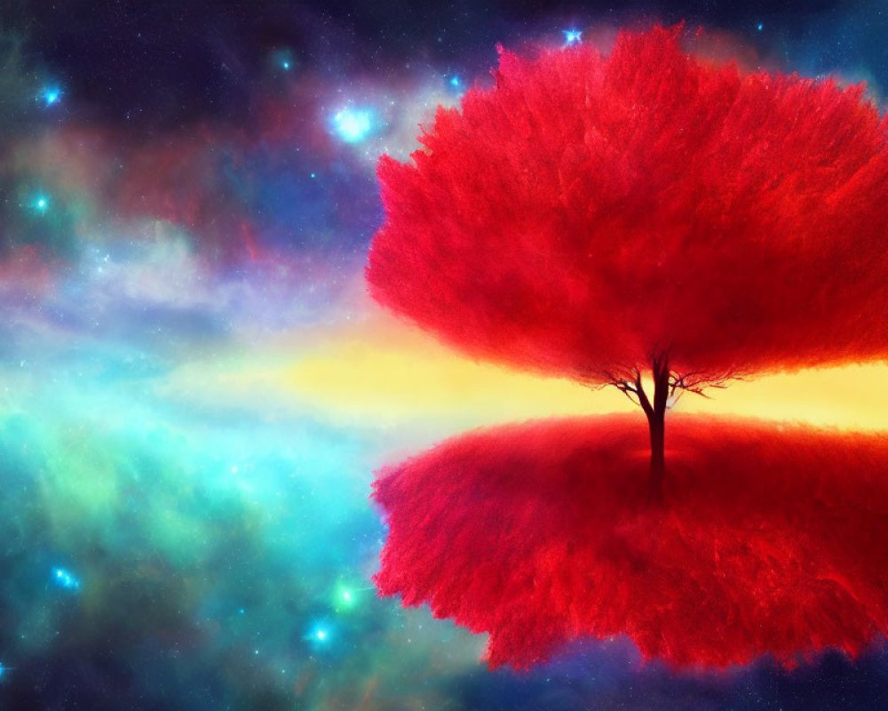 Colorful digital artwork: Solitary tree with red foliage against cosmic backdrop