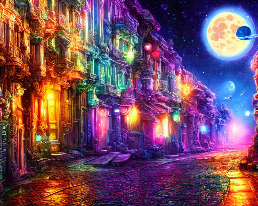 Fantasy-themed digital artwork of neon-lit street with classical architecture