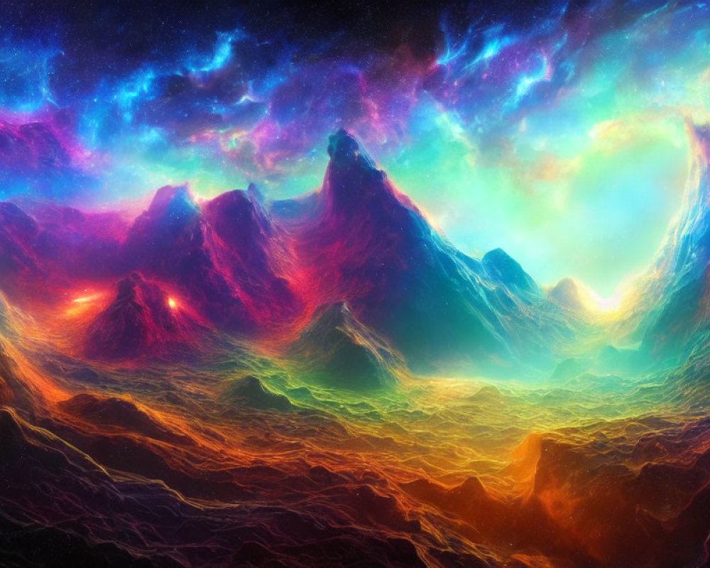 Colorful digital artwork of mountainous terrain with luminous nebula sky
