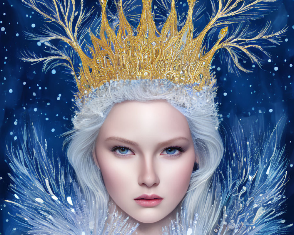 Pale-skinned woman in ornate golden crown on dark blue background with snowflakes