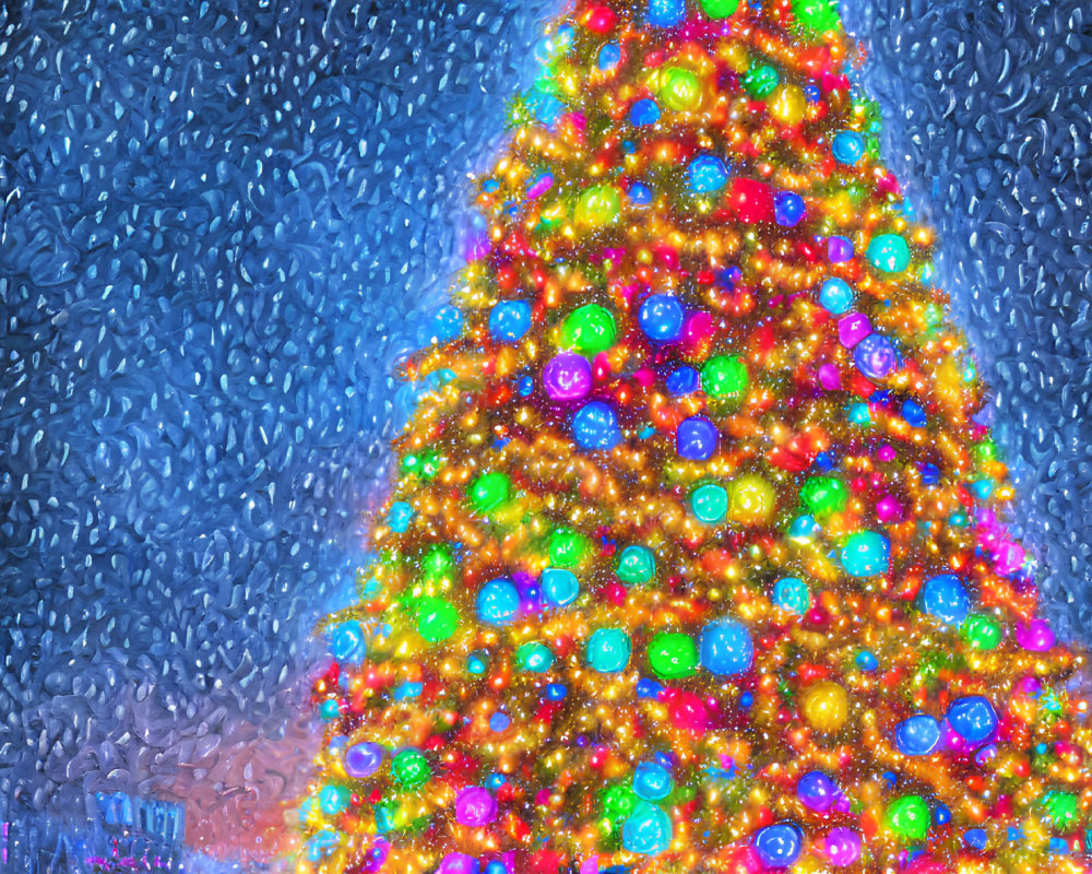 Colorful lights on illuminated Christmas tree through rainy window