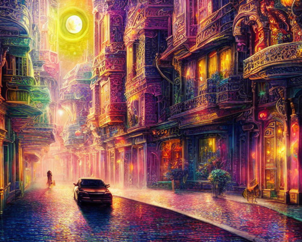 Neon-lit street scene with car, figure, detailed buildings, and glowing moon