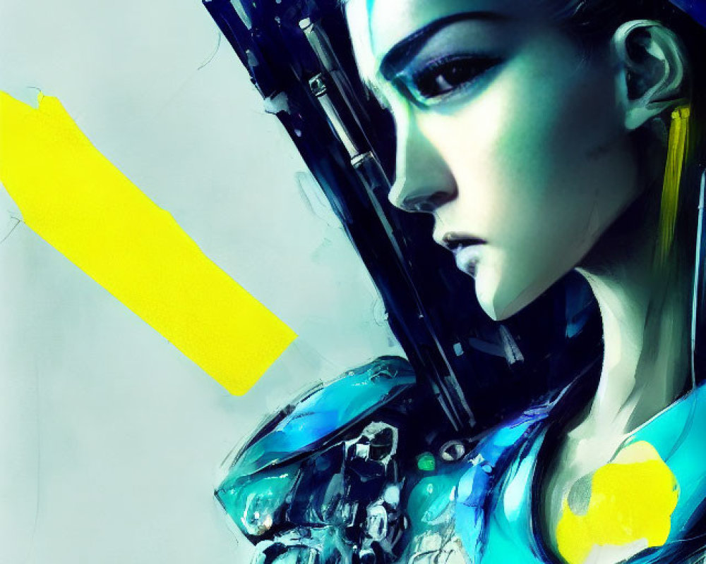 Futuristic female with blue skin and cybernetic enhancements on blue and yellow brush strokes.