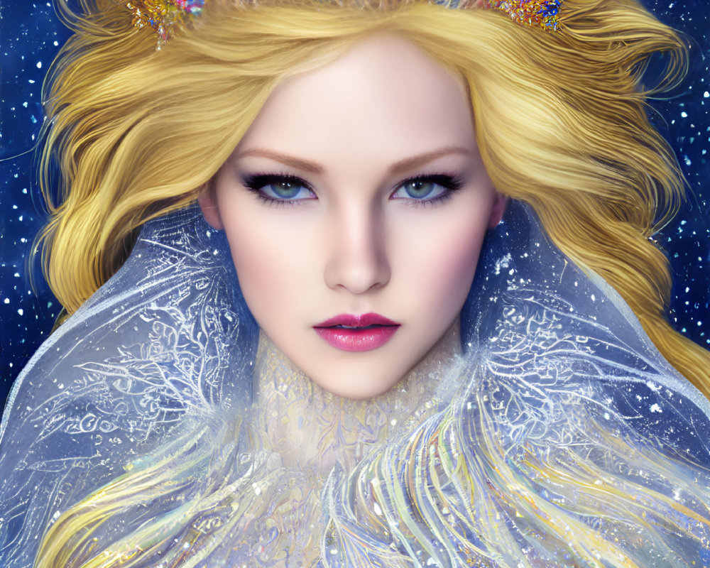 Portrait of woman with blue eyes, blonde hair, crown, cape, starry background