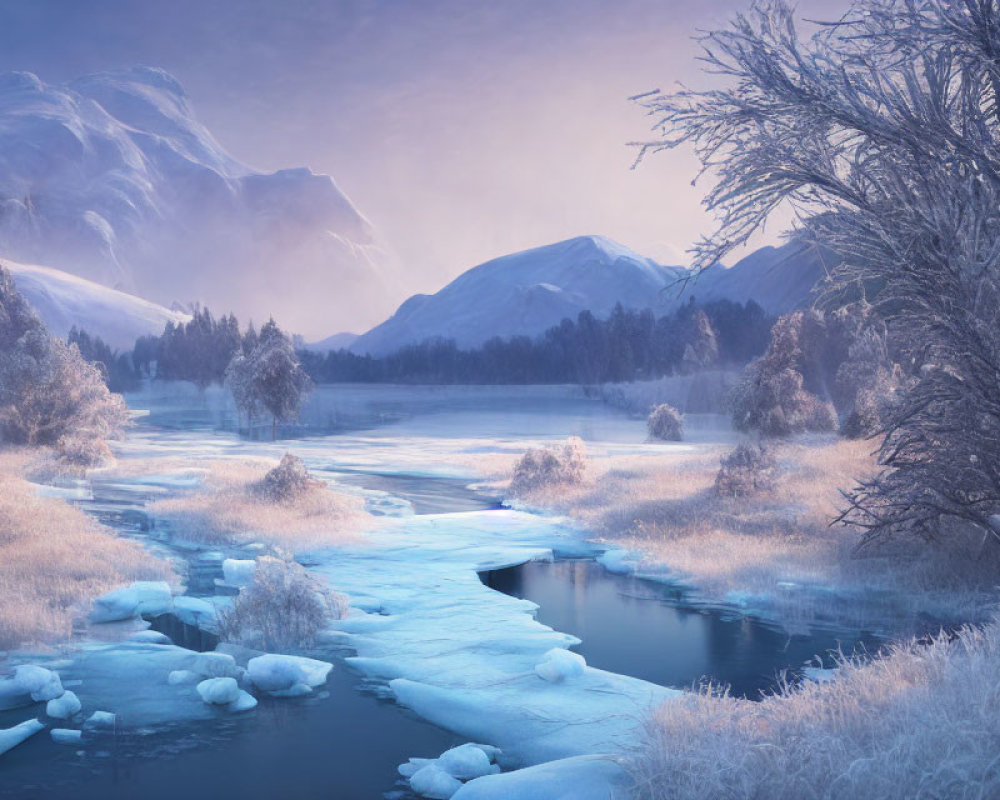 Frozen River and Snow-Capped Mountains in Tranquil Winter Scene