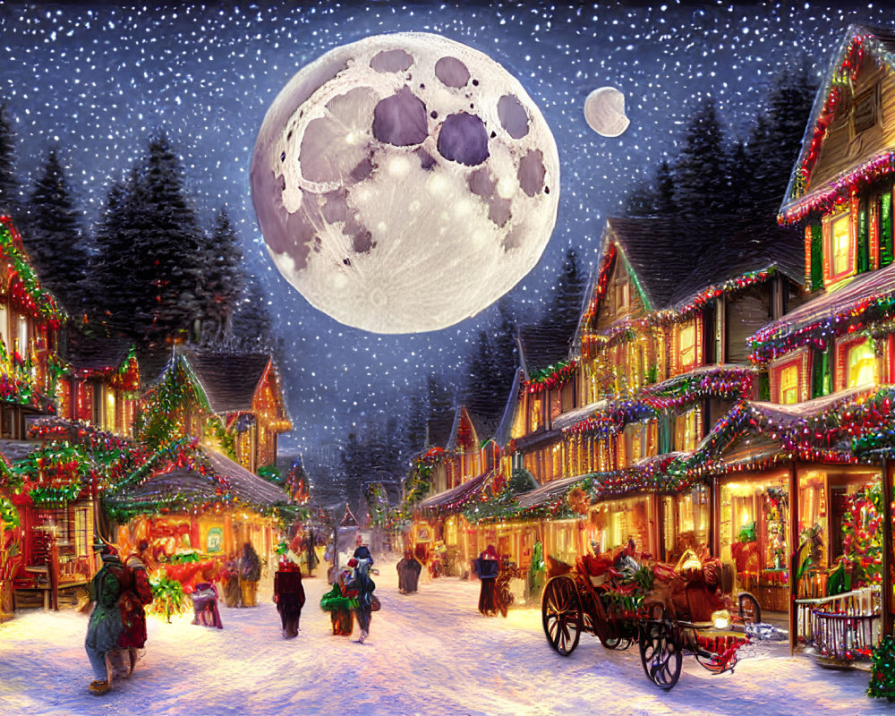 Festive Christmas market street at night with snowfall