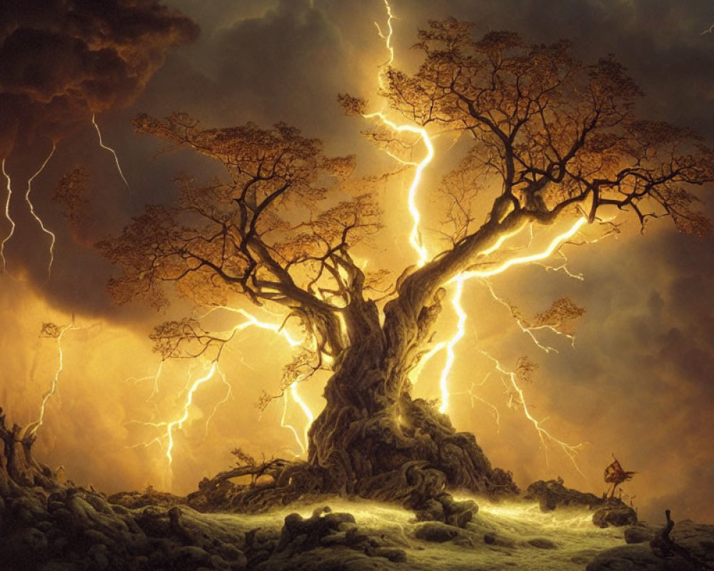 Ancient tree in stormy landscape with lightning and lone figure.