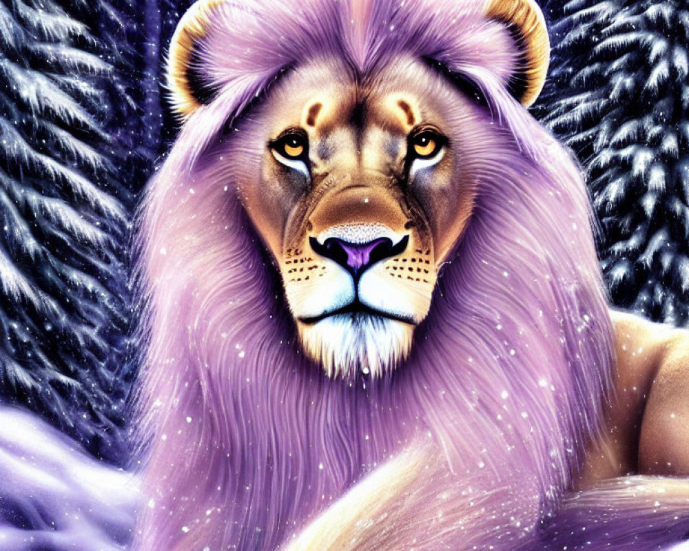 Majestic lion with purple mane on snowy background