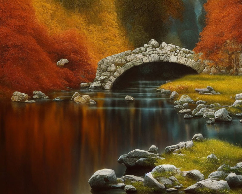 Ancient Stone Bridge Over Serene River Amid Autumn Foliage