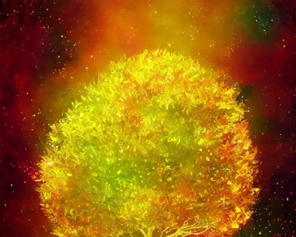 Colorful Tree Illustration Against Cosmic Background