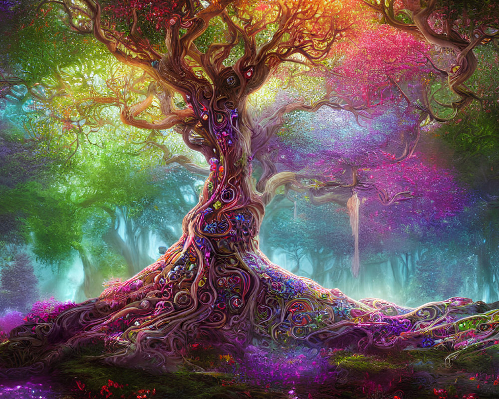 Fantasy-inspired tree with multicolored leaves in enchanted forest