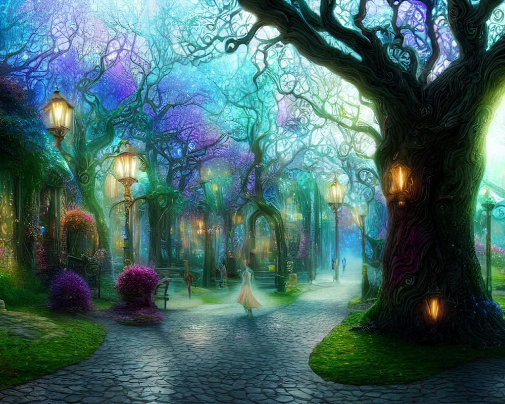 Twisting trees and violet foliage lead to enchanted village