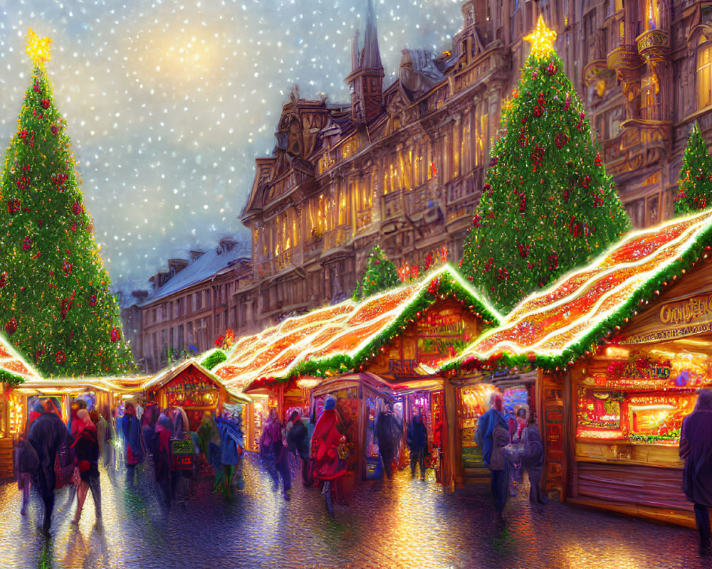 Festive market stalls with twinkling lights and Christmas trees on a bustling street at night.