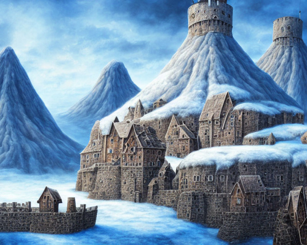 Medieval fantasy village in snow-covered icy landscape