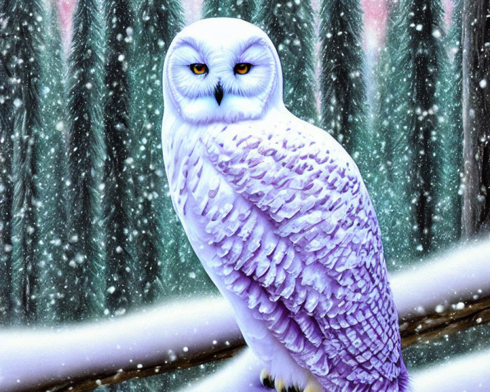 Snowy Owl Perched on Branch in Pine Forest Snowfall