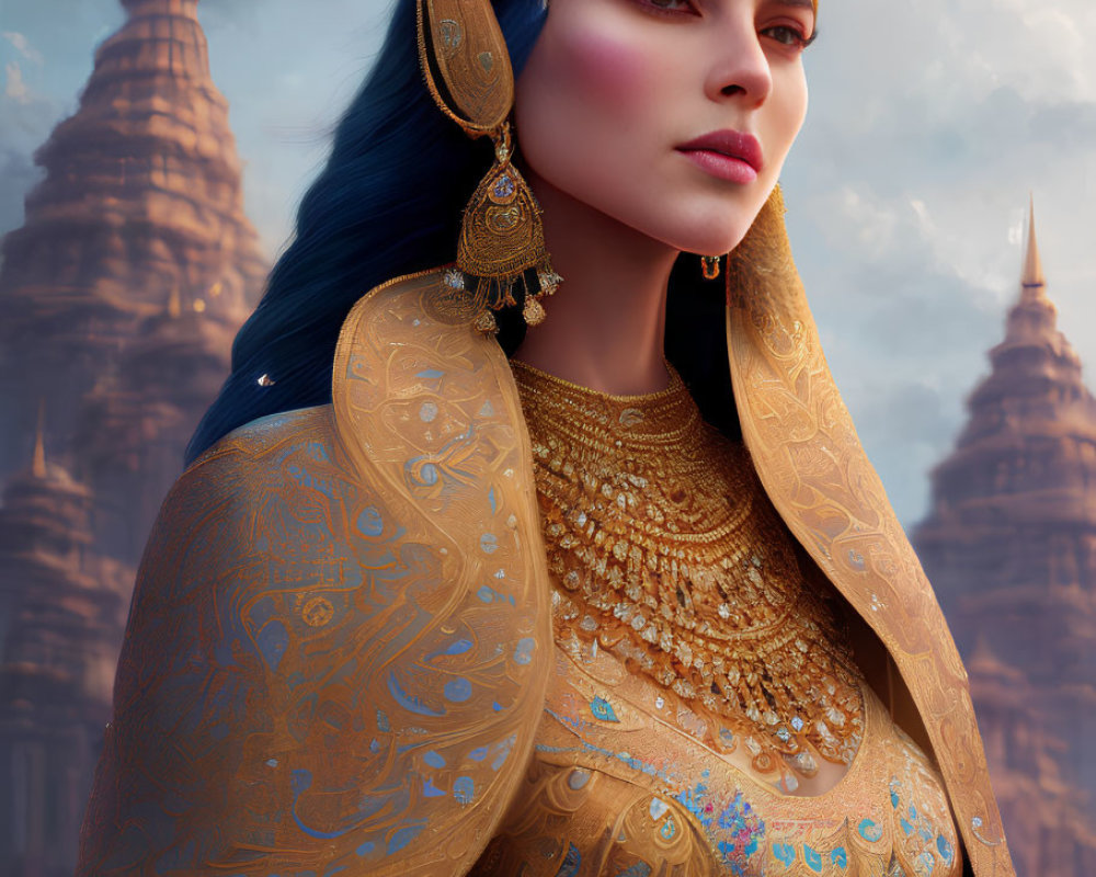 Blue-skinned woman adorned in golden jewelry against spires background