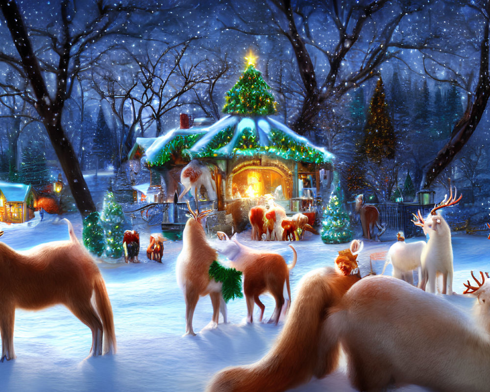 Winter Scene: Reindeer, Foxes, Snow-Covered Trees, Illuminated Houses,