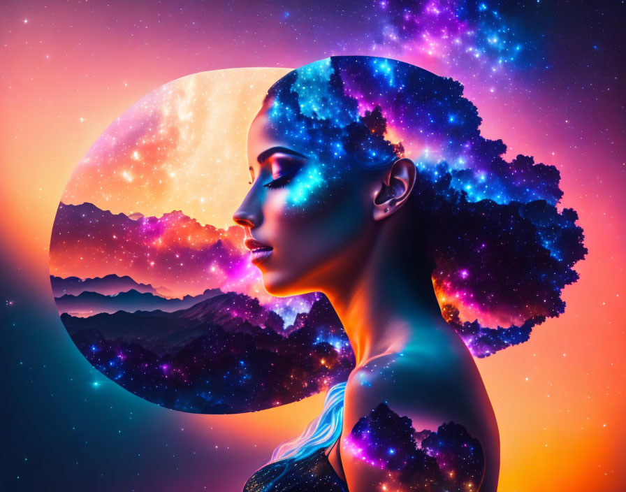 Surreal artwork: Woman's profile merges with cosmic scenery