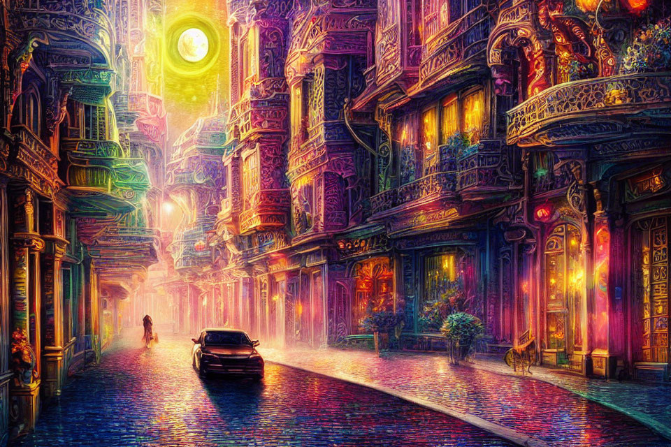 Neon-lit street scene with car, figure, detailed buildings, and glowing moon