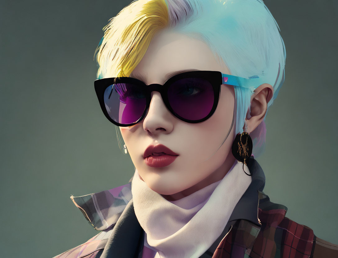 Stylized 3D rendering of a person with blue and yellow hair, sunglasses, turt
