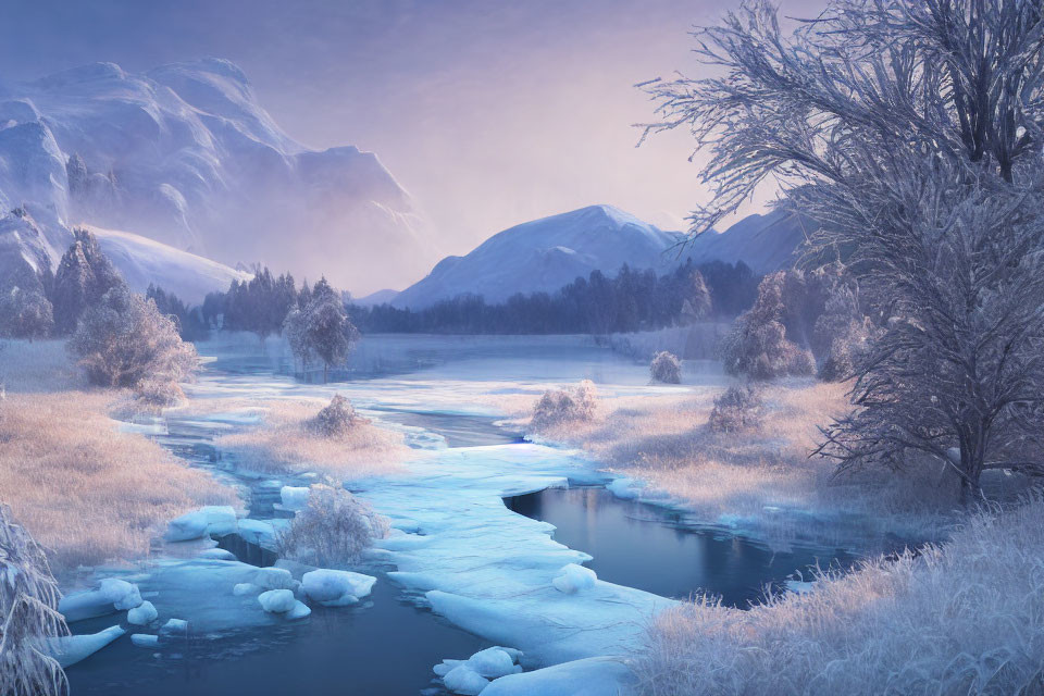 Frozen River and Snow-Capped Mountains in Tranquil Winter Scene