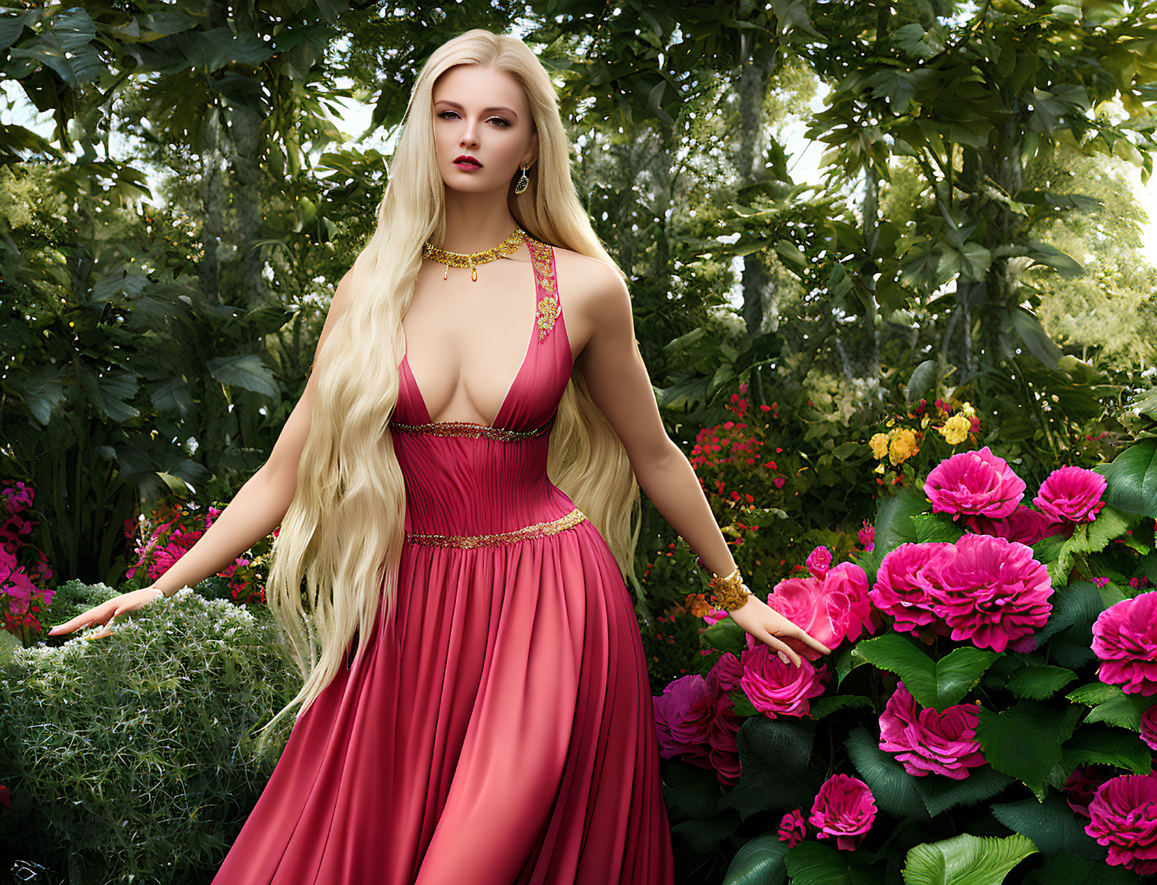 Woman in red dress in vibrant garden with pink flowers