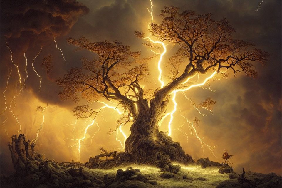 Ancient tree in stormy landscape with lightning and lone figure.